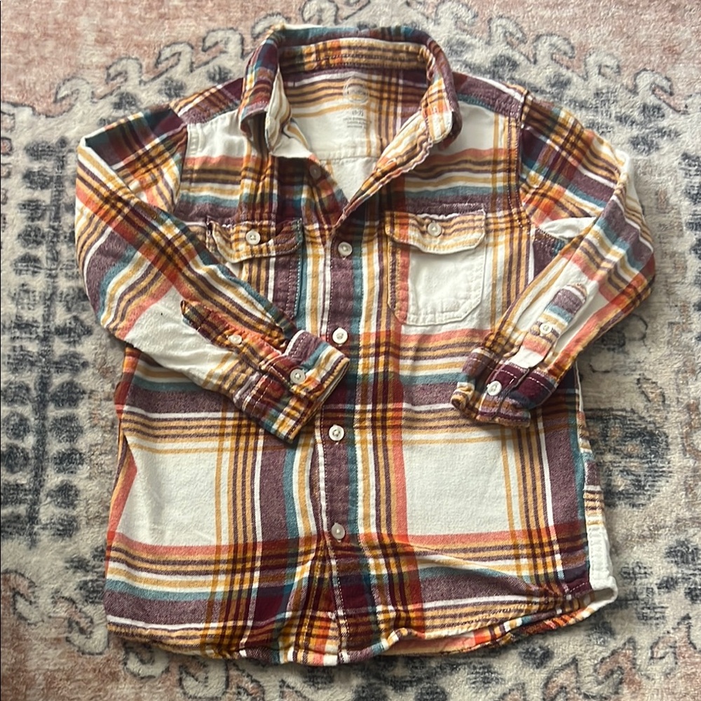 Red and Orange Plaid Button Down Shirt with Long Sleeves